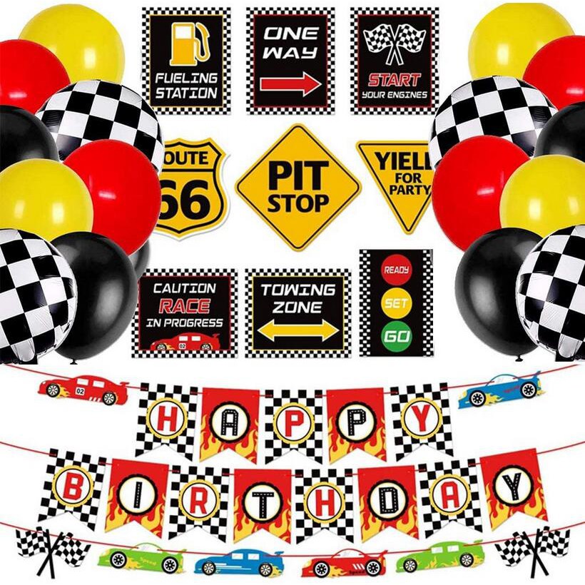 Race Car Birthday Party Decorations Checkered Racing Car theme Balloon Happy Birthday Banner for Birthday Race Themed Party Sports Events