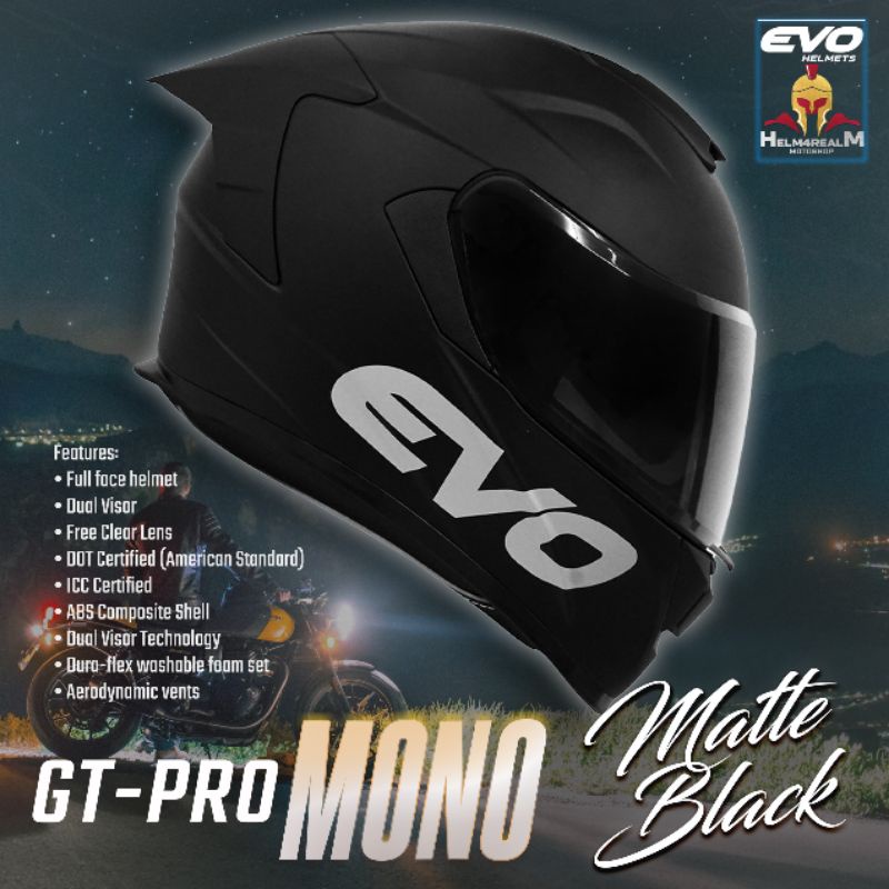 Evo Helmet Gt Pro Matte Black Plain Color Full Face Dual Visor With Free Clear Lens Shopee