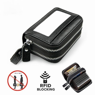RFID Blocking Credit Card Holder, Genuine Leather Credit Card Wallet with Double Zipper Small Pocket Wallet Spacious Accordion Wallets