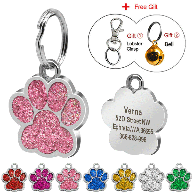 Cute Paw Print Pet Tags Glitter Personalized Puppy ID Tag Dog Collar ...