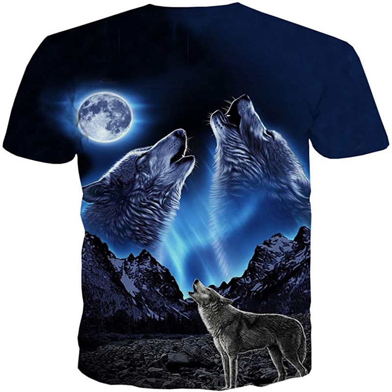 3d Digital Printing Wolf T-shirt Animal Pattern Top Moonlight Wolf Howling Scene Forest Night Oversi