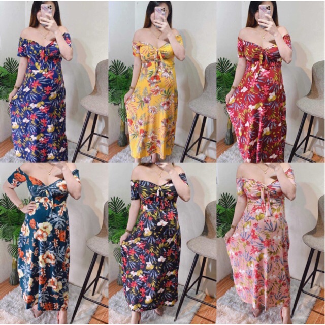 Summer Floral maxi dress off-shoulder korean Marinity dress | Shopee ...