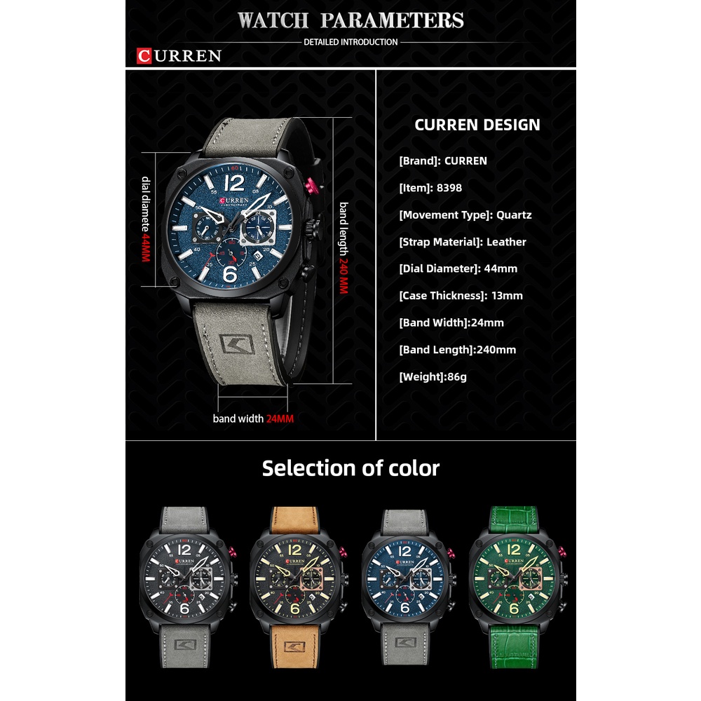 Curren Men's Watches Fashion Casual Quartz Sporty Wristwatches 2021 Male Chronograph Leather Luminous Waterproof Watch 8398l