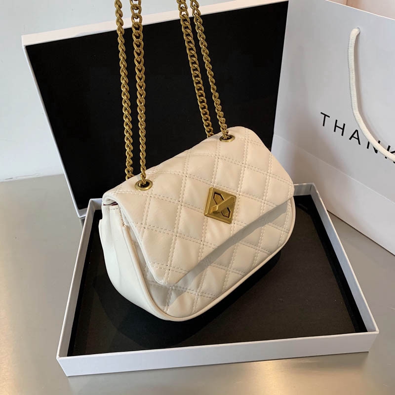 white bag with silver chain