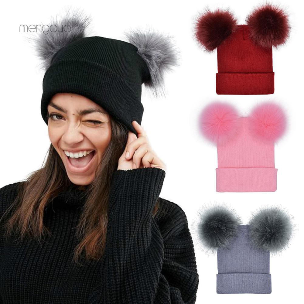 Meng Winter Women Warm Soft Faux Fur Ball Double Pom Pom Beanie Hat Christmas Gift Shopee Philippines