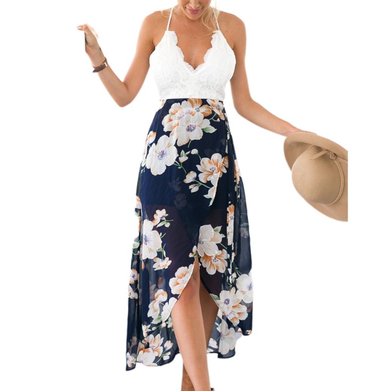 SOM♡ Womens Halter Deep V-Neck Boho Floral Maxi Dress Lace Splicing High  Waist Backless Cross Bandage Asymmetric Split Beach Sundress | Shopee  Philippines