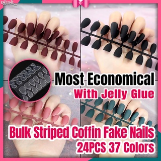 ENSSNE 24pcs BulK Strip Long Frosted Matte Coffin Press On Nails with Jelly Glue,37 Sets Solid Color Detachable Ballerina Fake Nails for DIY Salon Home