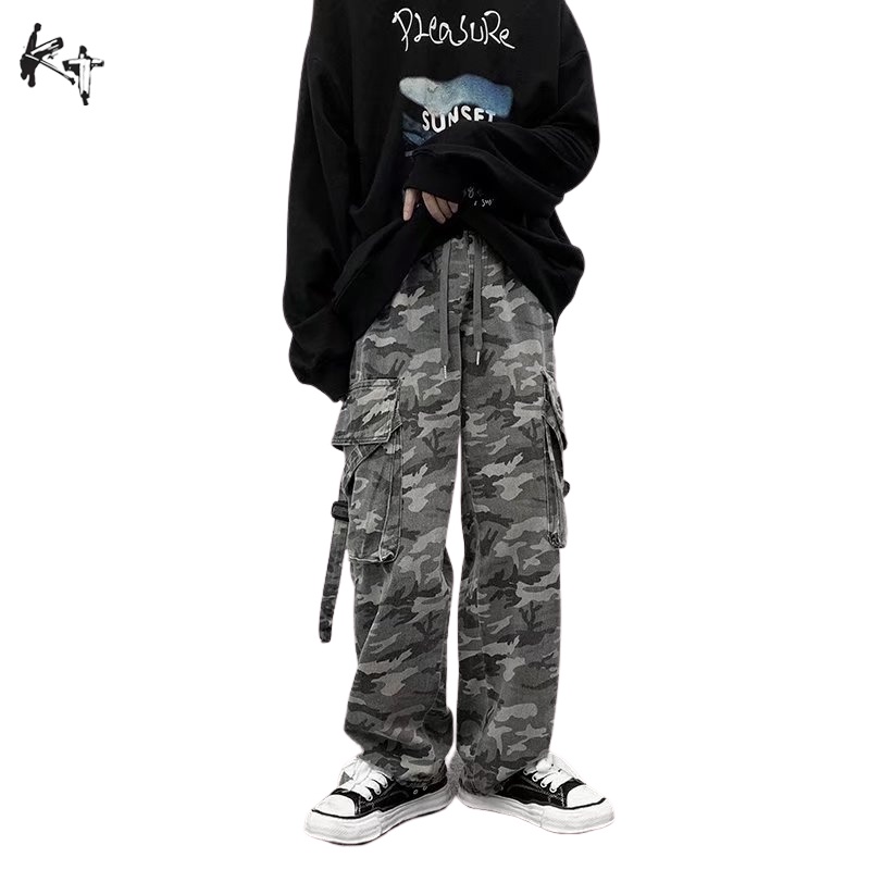 【KT】ins American Retro Overalls Camouflage Washed Trousers Loose Wide-Leg Straight All-Match Sports Casual Pants Men Women Trend #5
