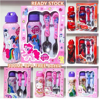 300ML Kids Cartoon Drinking Bottle Feeding Bottle Hello Kitty Little Pony Cup With Folk Spoon