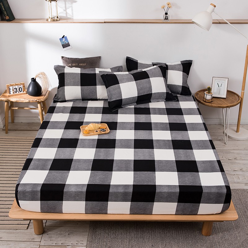 Plaid and Striepd Elastic Band Printing Fitted Sheet Mattress Cover Bed
