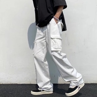 S-3XL Black/White Pocket Cargo Pants For Men Solid Color Overalls Loose Straight Sports Trousers Korean Fashion