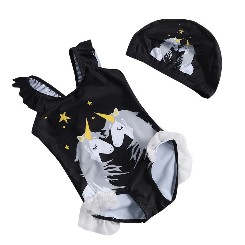 Kids Girls One Piece Unicorn Pink Black Kids Swimwear Swimsuit for 1 2 3 4 5 6 Years Old Kids Girls