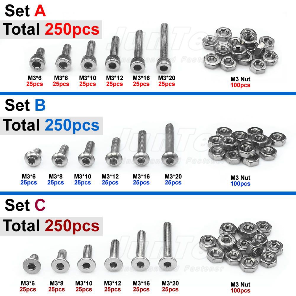 Useful 250pcs M3 A2 Stainless Steel Allen Bolts With Hex Nuts Screws Assortment 