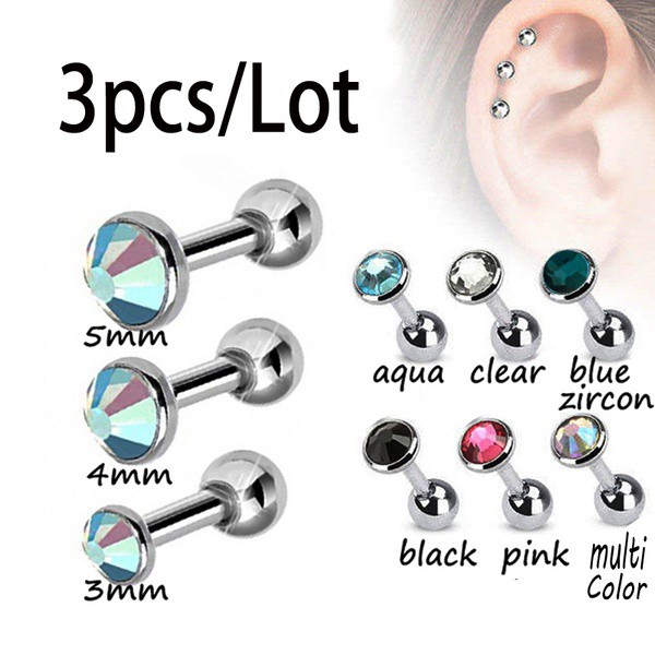 3X Gemstone Tragus Helix Bar Cartilage Upper Earring Piercing 16g 3mm ...