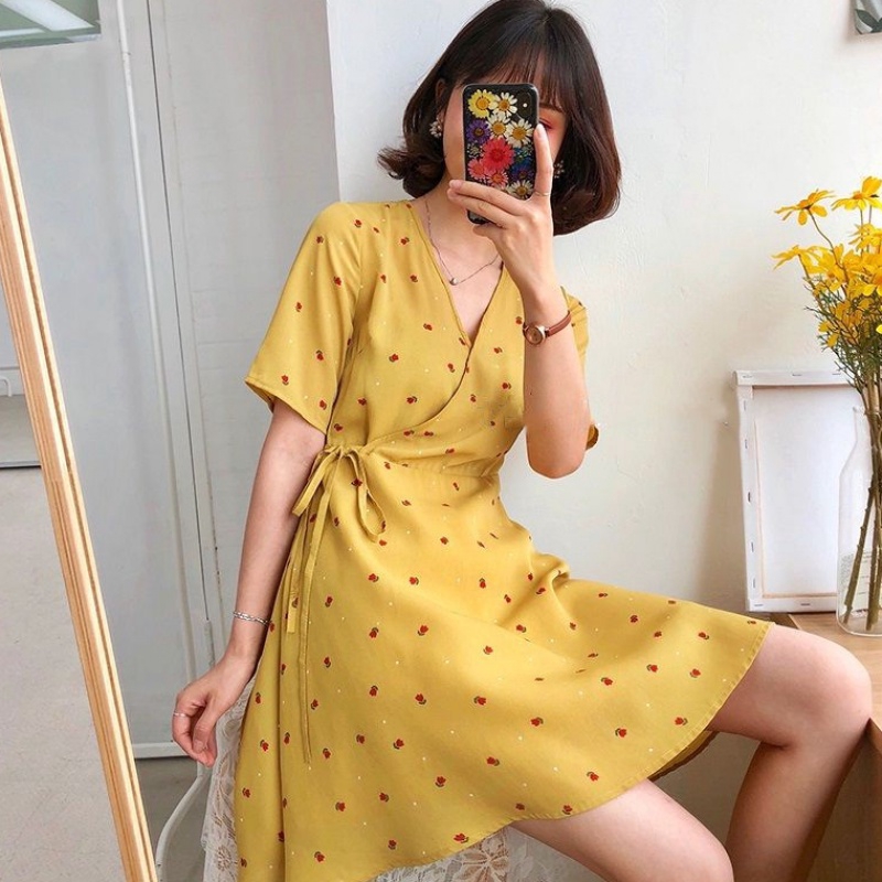 Korean Dress High Waist Wrap Aline Dress Floral Print Fashion Midi