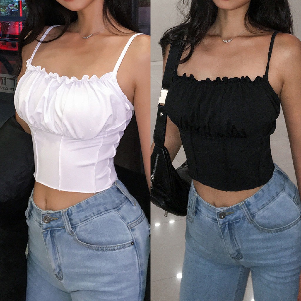 Super Supecial Sweetytop Streetwear Women Fashion Ruffles Collar Strap Solid Color Sleeveless Tank Shopee Philippines