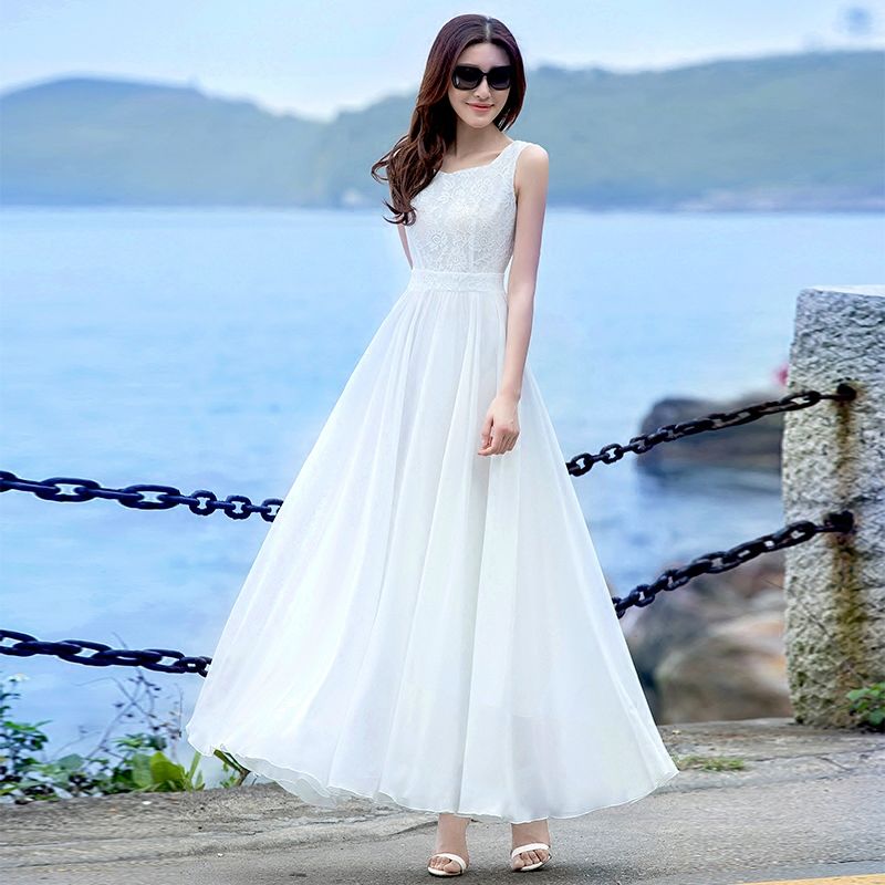 Summer New Style White Chiffon Maxi Dress Elegant Expandable Dress ...