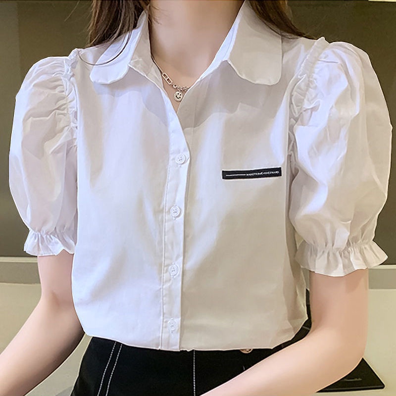 Korean Style Puff Sleeve Shirt French Short Sleeve Blouse Women