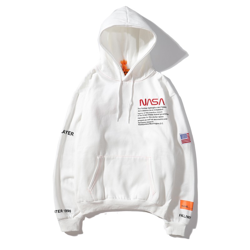 letter nasa patched long sleeve loose fitted sports hoodie