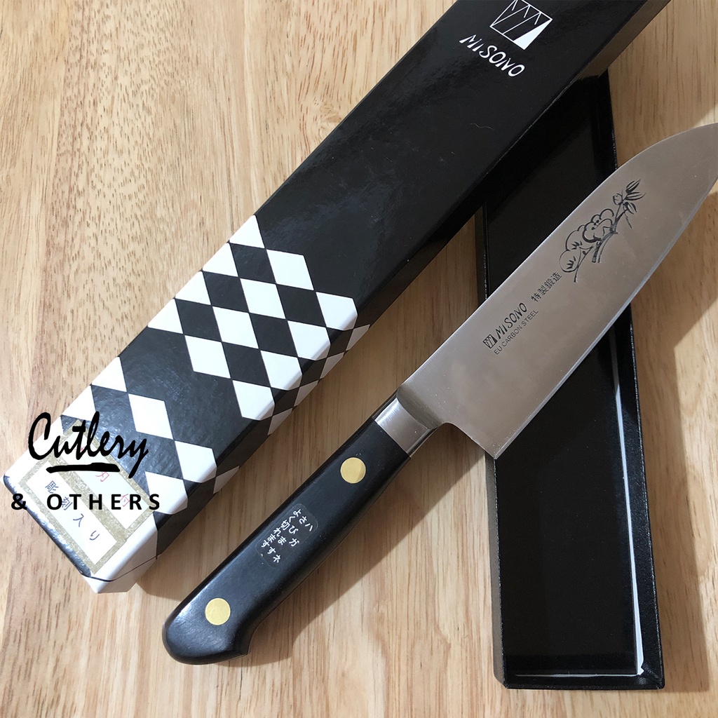 Misono Swedish Carbon Steel Santoku Knife w/ Flower Engraving, Made in Japan, 14/16 cm Blade