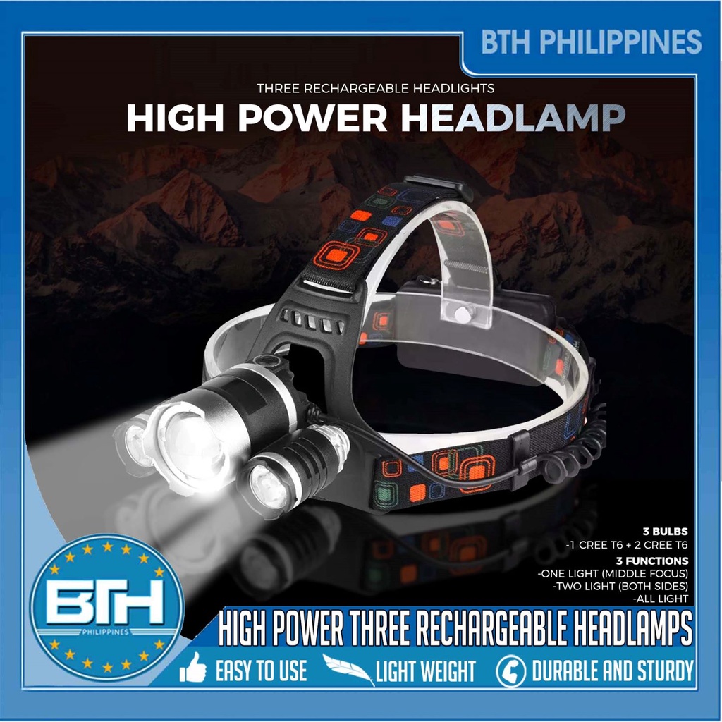 BTH High Power 6000lumen 3LED Xml T6 LED Rechargeable Headlamp
