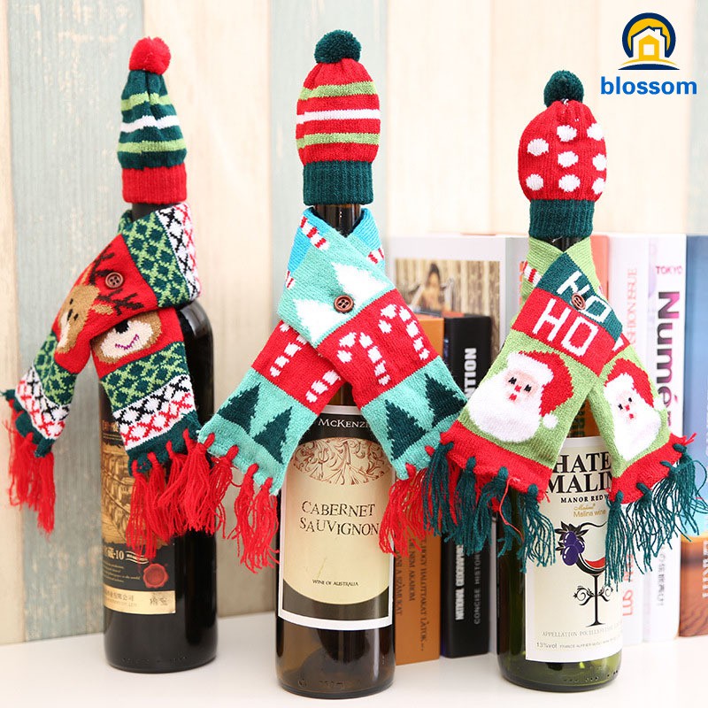 Christmas Wine Bottle Wrapping Cover Knitted Mini Scarf Hat Xmas