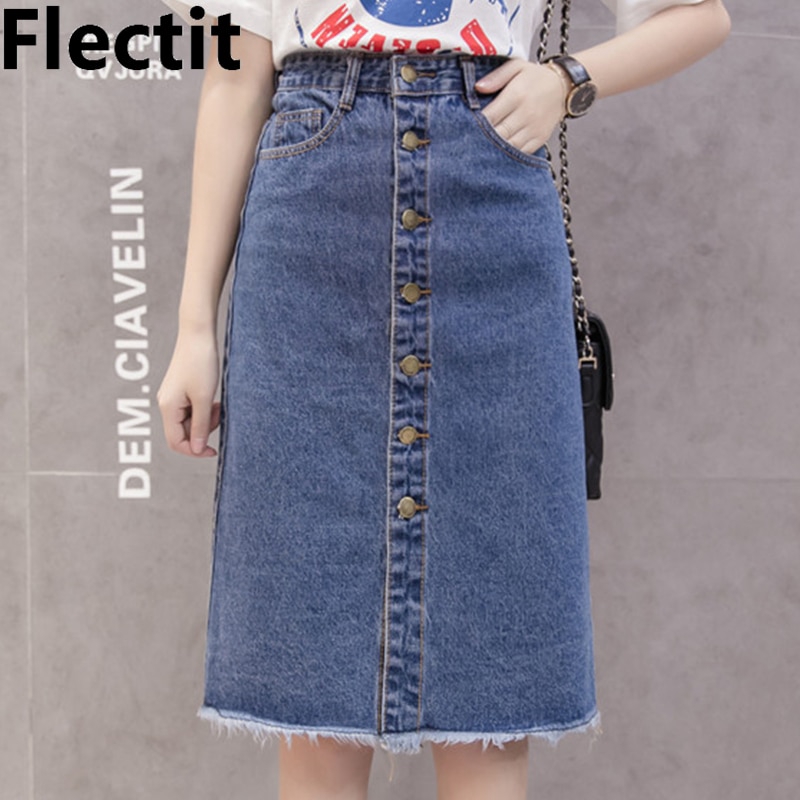 button front denim skirt knee length