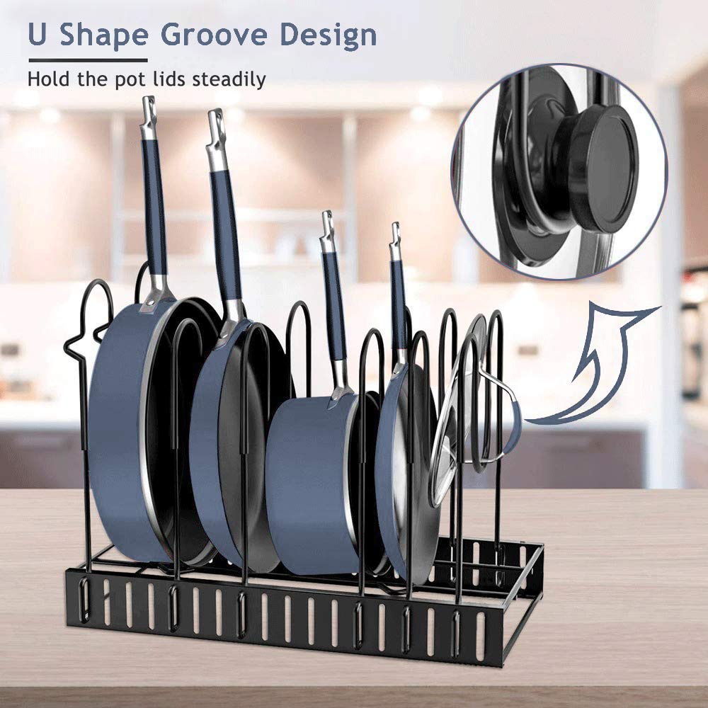 Pans Pot Lid Organizer Rack Holder with 10 Adjustable Compartments Cabinet Pantry Bakeware Organizer Rack Expandable Pot and Pan Organizers Rack 