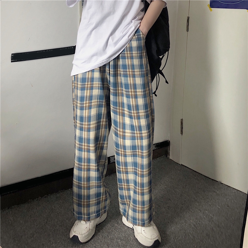 Mens Plaid Pattern Loose Plus Size Cotton Casual Vintage Slim Pants Trouser 