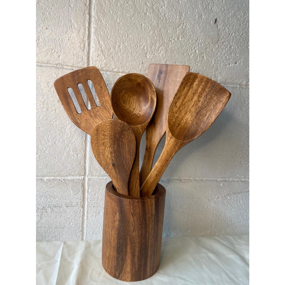 Woods in love Acacia Wooden Cutlery Utensil Set of 5 Large Cooking Utensil for Non Stick