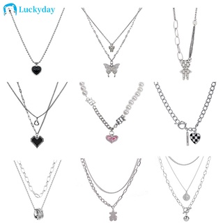 Fashion Silver Chain Necklaces Korean Pearl Butterfly Pendant Heart Necklace Black Gem Checkerboard Double Choker Necklace for Women Accessories Jewelry