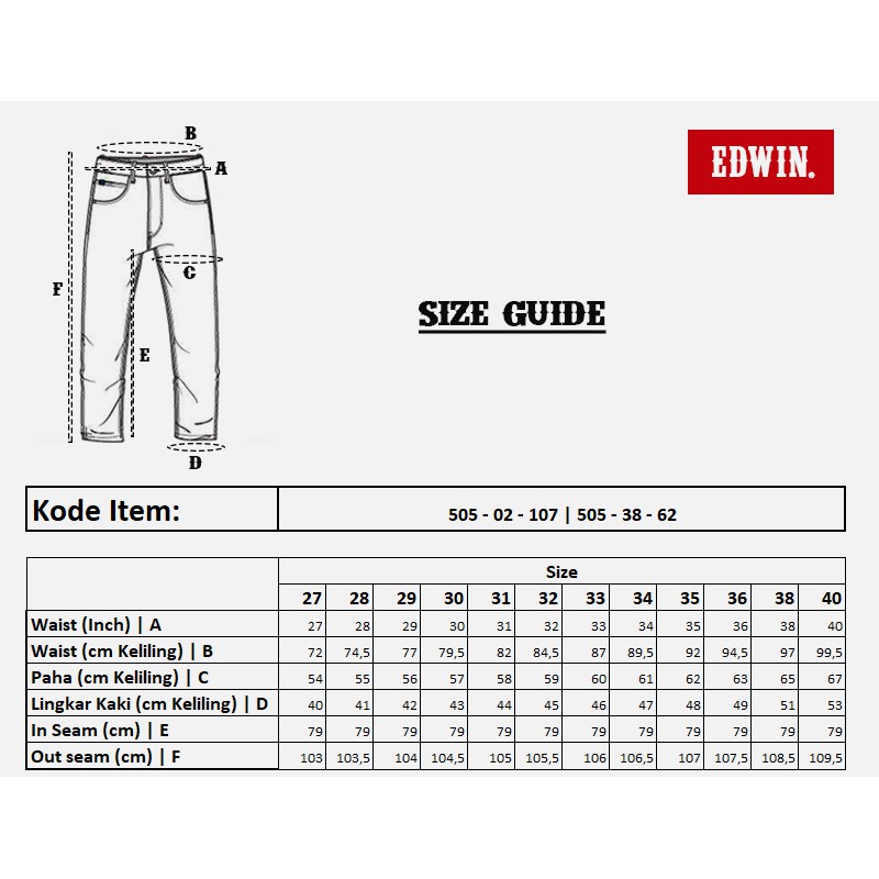edwin jeans size chart