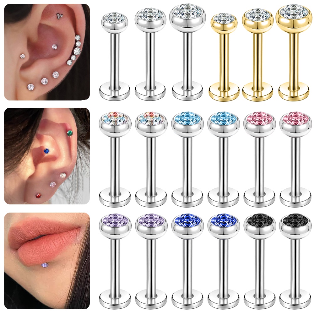 1 PC 2/3/4mm Color Crystal Lip Stud Stainless Steel Labret Piercing ...