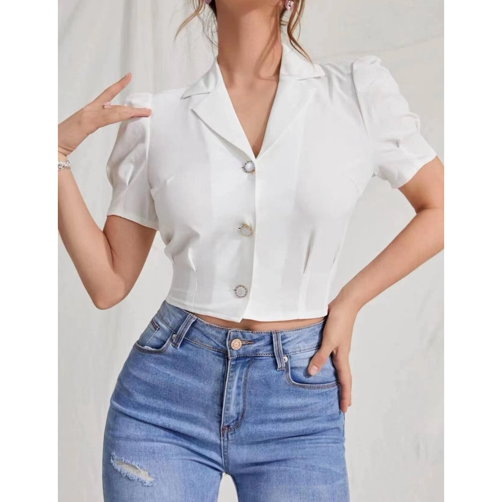 EMILY Lapel Collar Puff Sleeve Button Crop Top Shopee Philippines