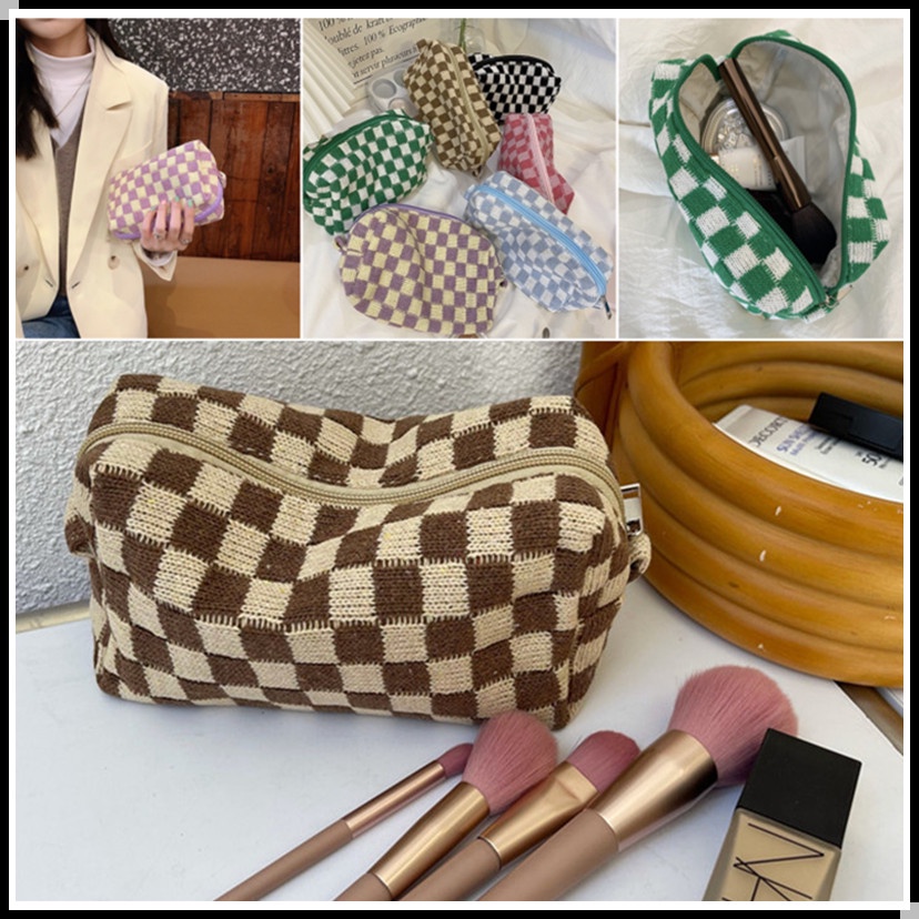 Large Capacity Makeup Bag Checkerboard Knit Cosmetic Bag Travel ...