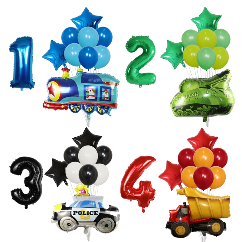 10pcs Cartoon Car Balloons Engineering Train Fire Truck Balloon 1 2 3 4 ...