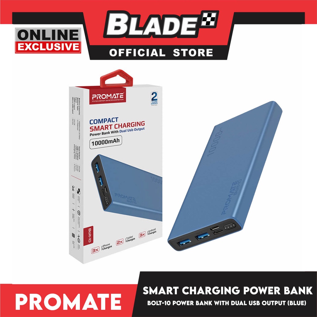 Promate Compact Smart Charging Power Bank With Dual USB Output 10000mAh