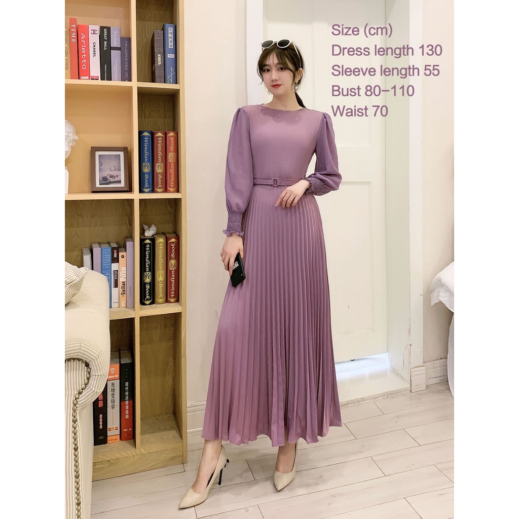 Pleated Long Sleeve Plain Dress 10 colors Long Pleated Skirt Design ...