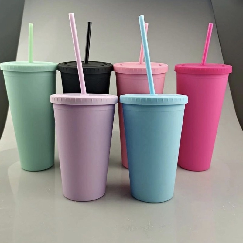 24oz Cute Tumbler Colored Double Walled Acrylic Rubber Plastic Matte Tumbler With Straw Coffee