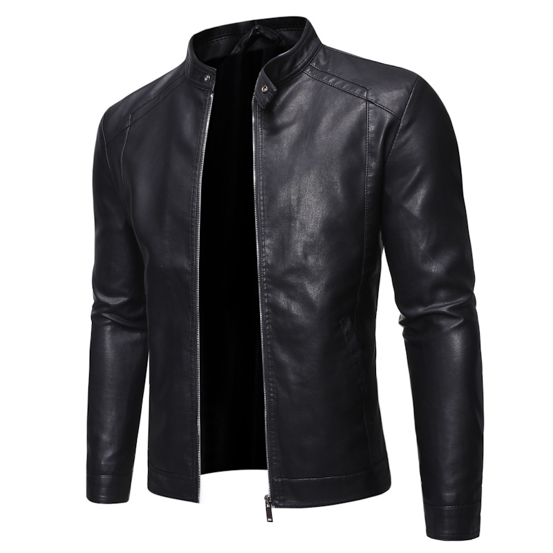 Men Slim Fit Casual Leather Jacket Long Sleeve Stand Collar Motorcycle ...