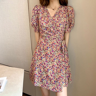 Floral Dress Women's Short Sleeve Causal Dress Retro French Style A-line V-Neck Dress