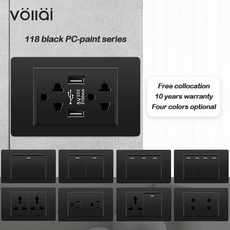 VOLLIA Black Wall Switch for Light 3/6 Pin Plug Electrical Socket