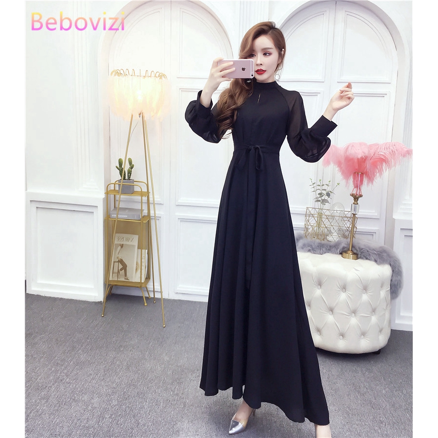Women Black Slim Wedding Bridesmaid Bodycon Long Sleeve Maxi Dress