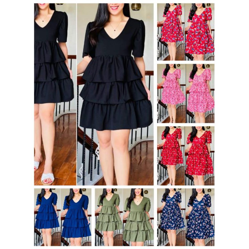 Puff Sleeves Layered Ruffles Mini Dress (Korean Inspired) Shopee