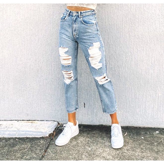 MOM JEANS Boyfriend Jeans with Tattered Denim Jeans | Shopee Philippines