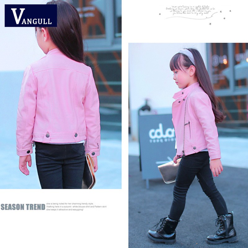 4-13Y 2019 spring pink Jaket kulit gadis Cute Kids PU Leather Jacket