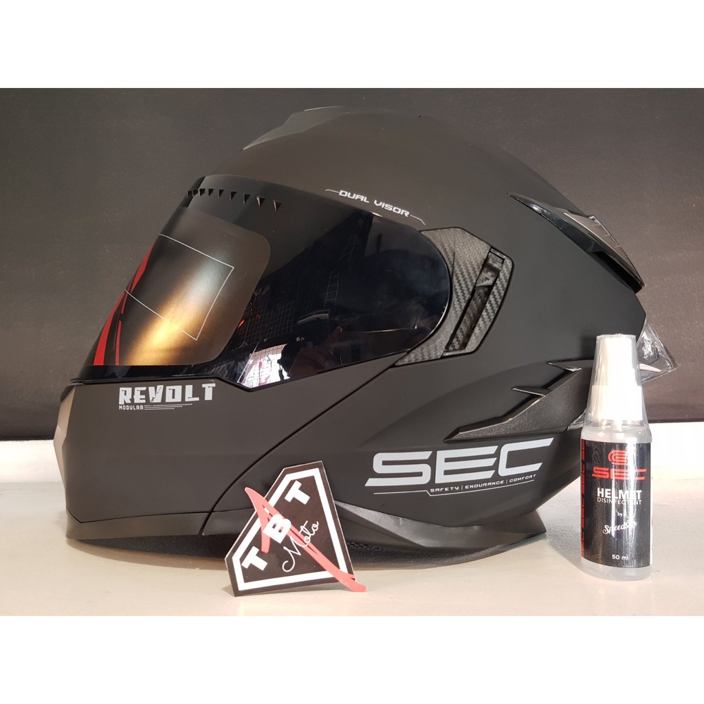 SEC Revolt Matte Black Modular Helmet w/ FREE Smoke Lens,Spoiler