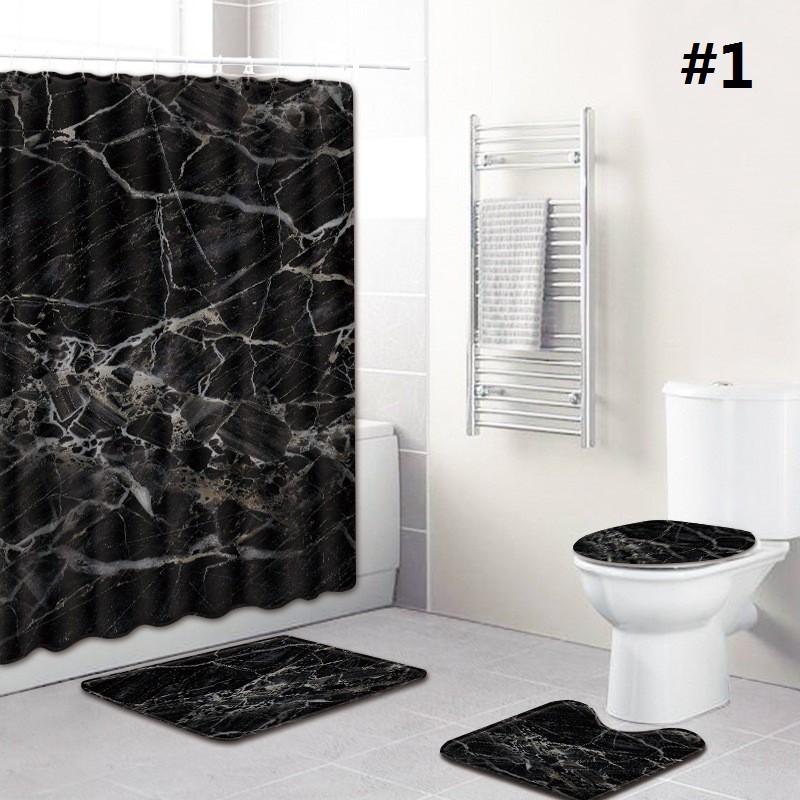 4pcs Black White Marble Bathroom Mat Set Toilet Cover Bath Mat Shower Curtain Shopee Philippines