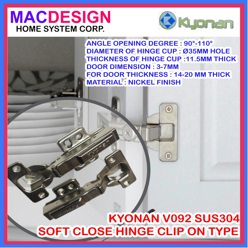 KYONAN V092 SUS304 SOFT CLOSE HINGE CLIP ON TYPE FULL OVERLAP HIGH