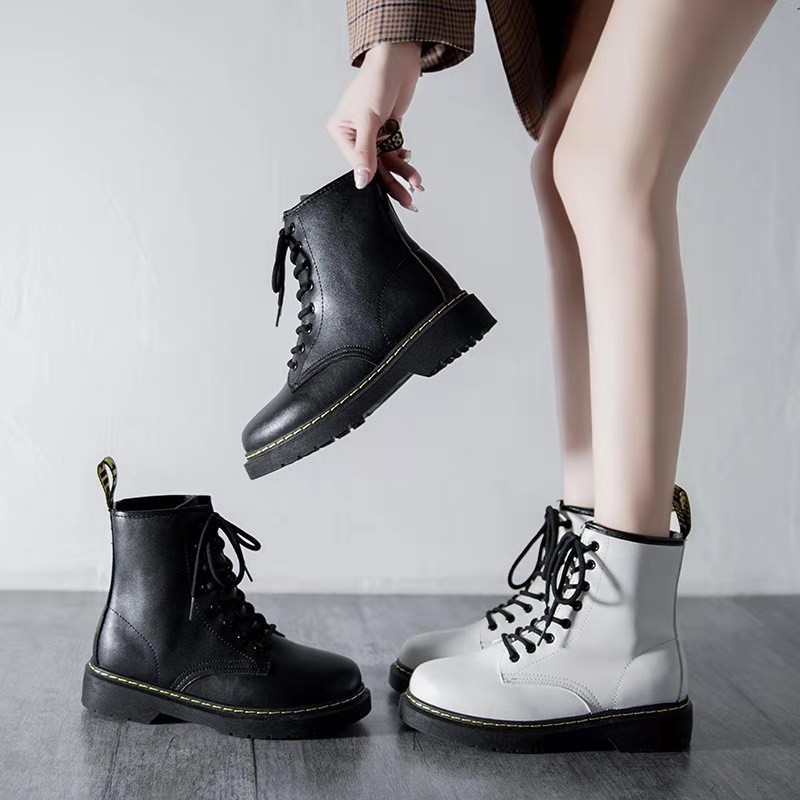 Korean version ankle short boots thick bottom martain boots lace up black white casual shoes 